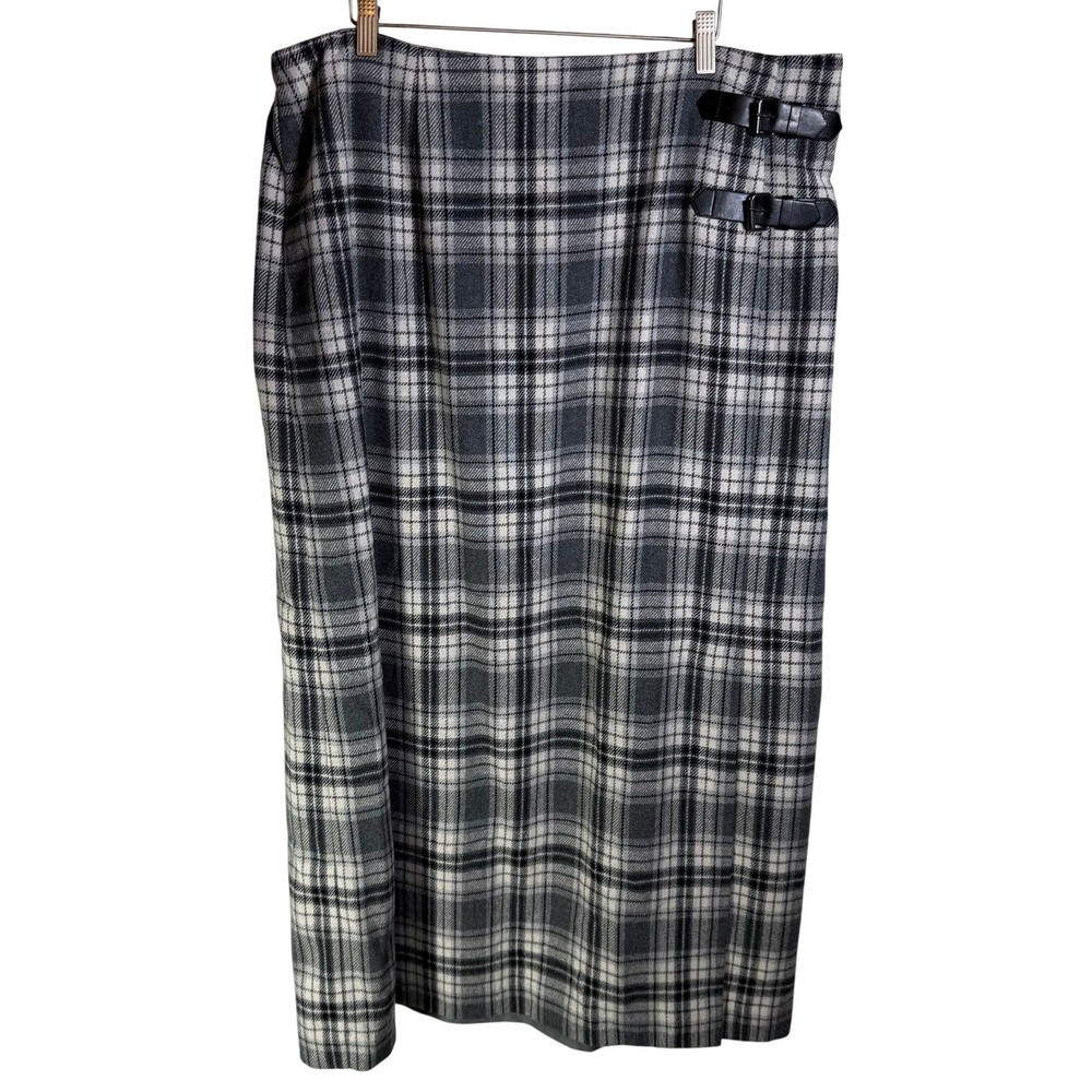 Jessica London Grey Plaid Wool Blend Maxi Skirt Buckle Detail Plus 18